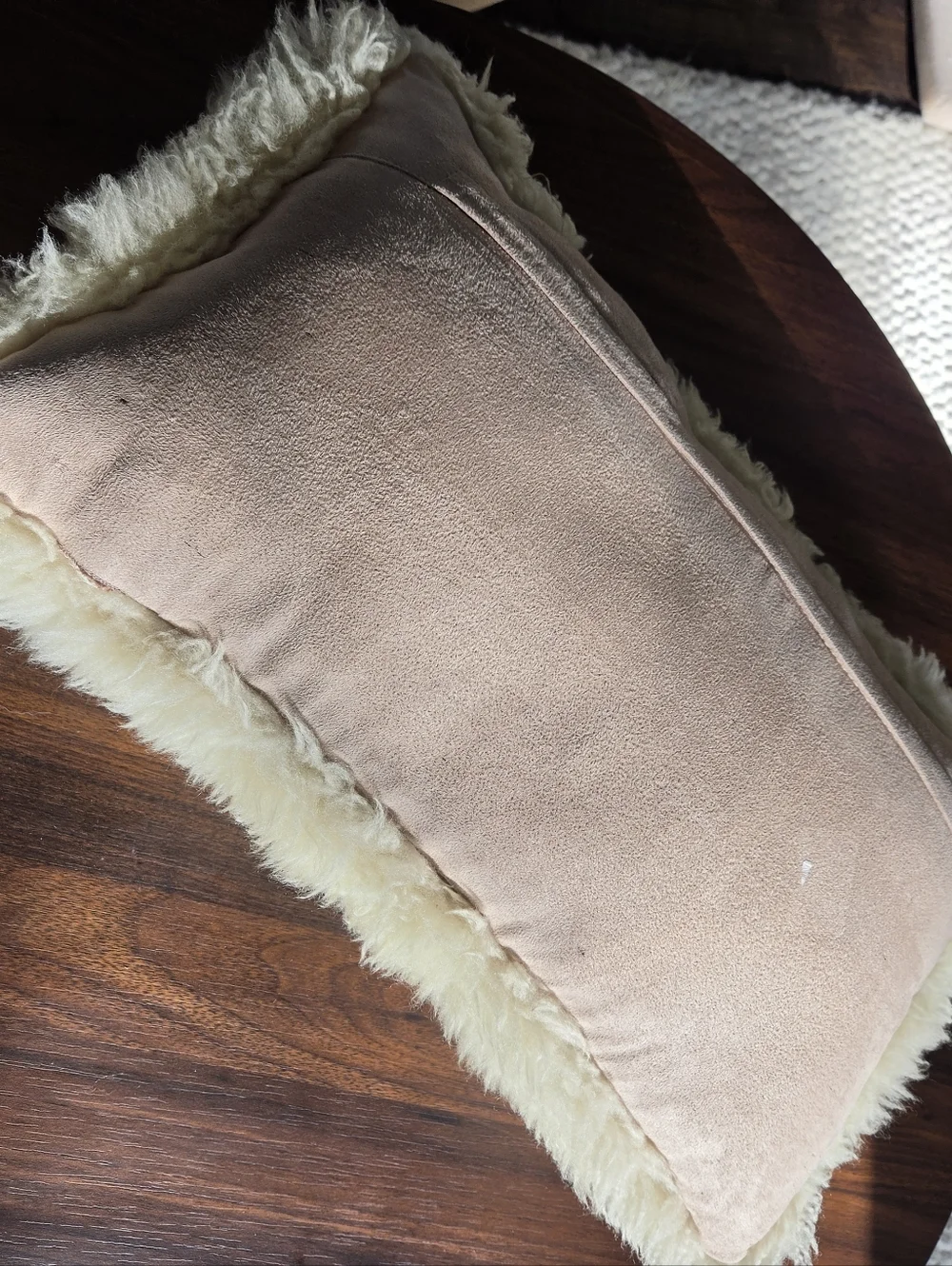 Genuine Sheepskin Fur Lumbar Pillow 12x20 Cream Microsuede Back Luxe